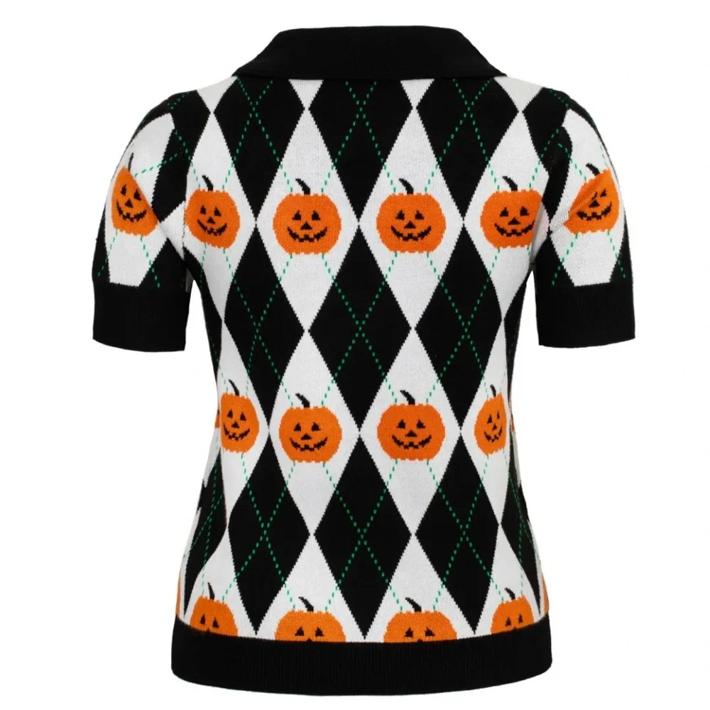 Hell Bunny Black and Orange Pumpkin Argyle Top - Picture 4 of 4